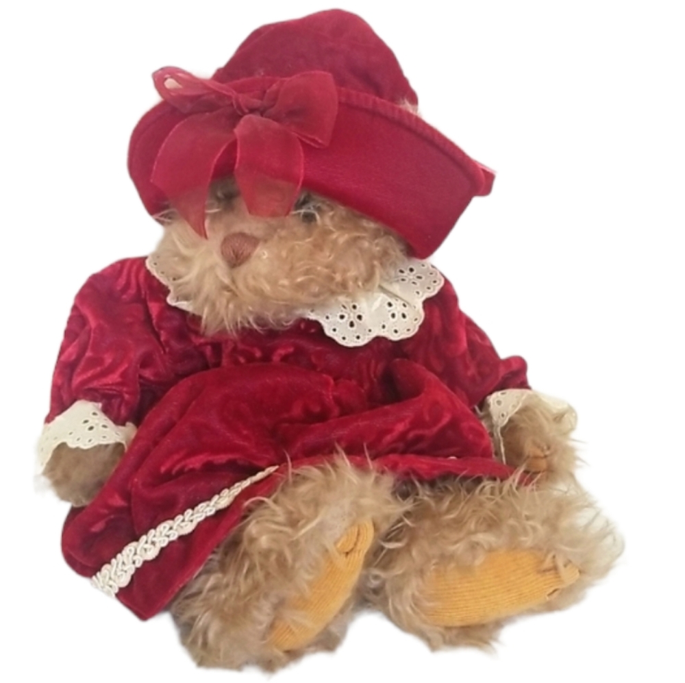 Plush Red Teddy Bear in Velvet Dress and Hat